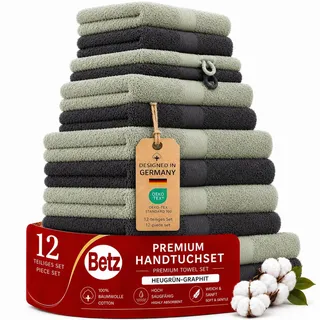 Betz Handtuch Set Premium 12-teilig 100% Baumwolle – 2 Duschtücher, 4 Handtücher, 2 Gästetücher, 2 Seiftücher, 2 Waschhandschuhe – Weiche Frottee Handtücher 470g/m2- Farbe Graphit/heugrün