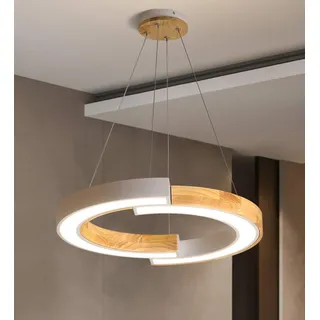 Pendelleuchte Holz LED Esstisch, Hängeleuchte Esszimmer, Holzlampe Rund, Weiß Metall Acryl Schirm, Kronleuchter Einstellbar für Wohnzimmer Studie Küchen bar Modern Ring Deko beleuchtung, L48cm (3000K)