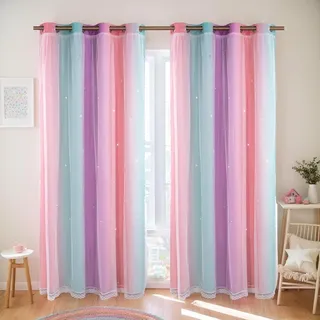 Verdunklungsvorhänge mit Sternen,mit Ösen,Gardinen für Kinderzimmer,Mädchen,Schlafzimmer,Wohnzimmer,bunt,doppellagig,1 Paneel,Rosa,B 132 x H 238cm - Rosa