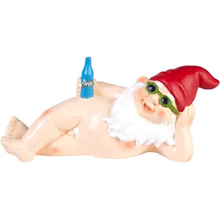 BRUBAKER Gartenzwerg Nackt Liegend - FKK Zwerg mit Bier und Sonnenbrille - freizügige Gartenfigur Nudist Lustig - Dekoration Wetterfest für Garten Campingplatz - Gartendeko für außen - 24 cm