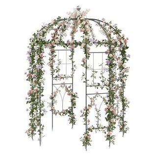HOMASIS Rosenpavillon Metall, Rosenbogen Gartenbogen mit Haken & Dach, Gartenlaube Rankgitter Rankhilfe für Kletterpflanzen, Gartenpavillon Pergola für Garten Hochzeit (203x203x296cm)