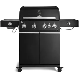 BURNHARD® Big FRED Deluxe+ Gasgrill 4-Brenner, Gusseisenrost, Schwarz-Matt | 900°C Infrarot-Zone, Heckbrenner, Seitenkocher, Aludruckguss-Edelstahl-Brennkammer, Abdeckhaube, 24.4 kW Leistung