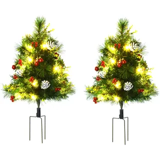 HOMCOM 2er Set Mini Künstlicher Weihnachtsbaum mit LED-Lichtern, 75 cm | 70 Spitzen, Tannenzapfen, Beere, Erdungsstecker, Künstlich Tannenbaum, Christbaum, Weihnachtsdeko, Drinnen, Wohnzimmer