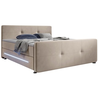 Juskys Boxspringbett Houston 180x200 cm - Bett mit LED, Topper & Federkern-Matratzen – Stoff Beige