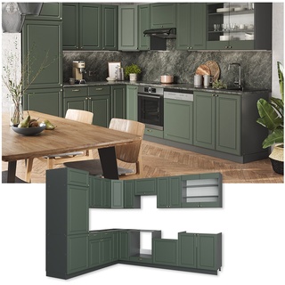 Vicco Eckküche Küchenzeile Einbauküche Fame-Line Landhaus Anthrazit Grün Gold  227x287 cm Spülenunterschrank Schubunterschrank Eckunterschrank Herdumbauschrank Hängeschrank Kühlumbauschrank