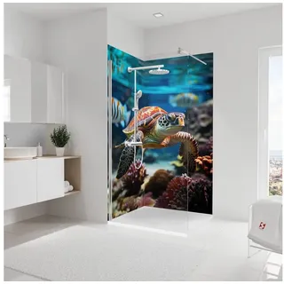 Schulte Badrückwand DecoDesign Foto Motiv Schildkröte, (Set über Eck, 2 Platten à 90 x 210 cm), Wandverkleidung, Duschrückwand, fugenloser Fliesenersatz blau