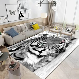 3D Tiger Animal Teppich Kurzflor Schwarz Weiß Bereichsteppich Moderner Schlafzimmer Wohnzimmer Teppich Herren Tiger Leopard Fantasy Print Muster Bereich Dekoration Waschbare Rug (Farbe 2,120x180cm)