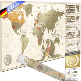 GOODS+GADGETS® XXL Weltkarte zum Freirubbeln 100x45 cm Vintage Wandbild | Erinnerungen festhalten, detailreiche Rubbel-Landkarte, beschichtetes Papier, inklusive Kratz-Chip, Reisekarte als Geschenk