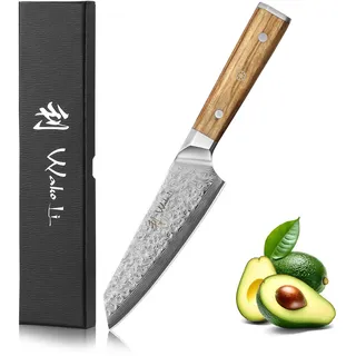 Wakoli Oribu Damastmesser Kiritsuke Kochmesser mit 15 cm Klinge, 67 Lagen Damaststahl mit VG 10 Kern, Griff aus Olivenholz, scharfes Küchenmesser in Geschenkbox für feine Schneidarbeiten