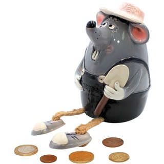 Keramik Sparbüchse/Spardose/Moneybox als Maus mit Spaten/Gärtner, handgefertigt, ca. 17 cm groß, Kantenhocker