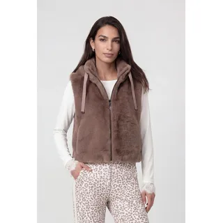Fellimitatweste MONARI "Weste fake fur", Damen, Gr. 36, taupe, Plüsch, Obermaterial: 100% Polyester. Futter: 100% Polyester, unifarben, regular fit taillenbedeckt, hoch geschlossener Ausschnitt, Westen, Regular fit mit Stehkragen