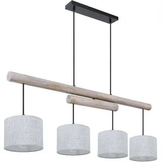 Decken Pendelleuchte Höhen verstellbar Esszimmer Decken Lampe Holz Balken rustikal, Stoff Schirme grau, Metall schwarz, LxBxH 113x18x120 cm