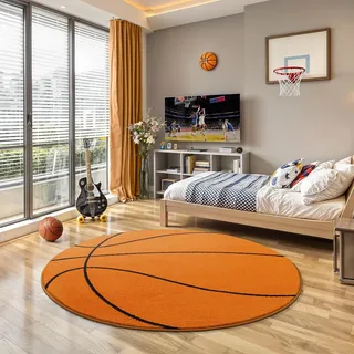 the carpet Lou Weicher Kuscheliger Kinderteppich, Spielteppich, Weicher Kuschel-Flor, Pflegeleicht, Farbecht, Basketball Motiv, Orange, 120 cm Rund