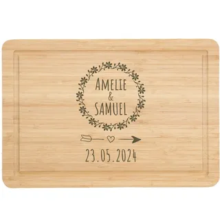 Personalisiertes Schneidebrett aus Bambus für Brautpaar Hochzeitsgeschenk mit Gravur Geschenk zur Hochzeit für Hochzeitspaar mit Name und Datum nach Wunsch - Motiv: Blumenkreis Liebe