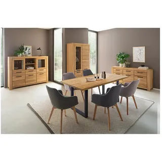Lomadox Esszimmer-Set SELISTE-06, (Spar-Set, 4-St., Highboard Vitrine Sideboard Esstisch), Eiche teilmassiv geölt, Echtholz, Tisch 180x90cm, mit LED-Beleuchtung braun