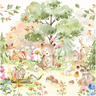 Bilderwelten Fototapete Babyzimmer Aquarell Waldtiere 192x192 cm Vlies-Tapete XXL Smart Wandtapete Wanddekoration Kinder Kinderzimmer