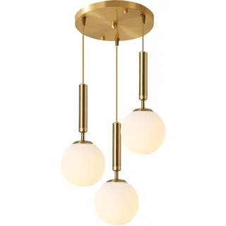 KCO Lighting 3-Lighs Cluster Pendelleuchte Mid Century Gold Globe Pendelleuchte Groß Milchweiß Glas Kronleuchter Moderne Küche Pendelbeleuchtung für Wohnzimmer Esszimmer