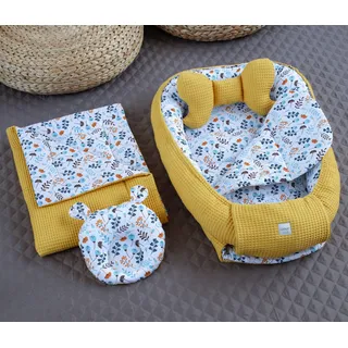 LOOLAY Babynest Set 85 cm x 60 cm - Baby nestchen aus Waffelpique Bio- Baumwolle - Babynestchen Neugeborene Handmade EU - Baby Nest 5 Teilig - Waffelpique Senfgelb/Blumen Blau