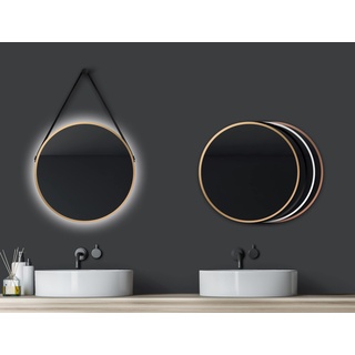Talos Golden Style Spiegel rund Ø 50 cm – runder Wandspiegel in Gold mit Aufhänge Band in Lederoptik – Badspiegel rund mit hochwertigen Aluminiumrahmen - Aufhängung vom Spiegel auch ohne Gurt möglich