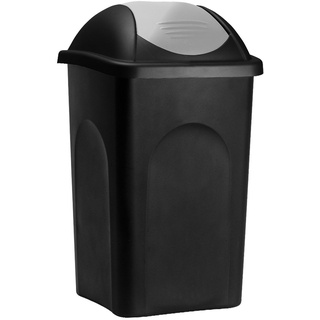 Stefanplast® Mülleimer mit Schwingdeckel 60L Abfalleimer Geruchsarm Küche Bad Biomüll Gelber Sack Kunststoff Mülltrennung, Farbe:schwarz/silber