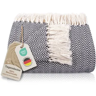 Gräfenstayn Premium Tagesdecke mit Fransen - 100% Baumwolle - 220 x 240 cm XXL - Fischgrätenmuster Sommerdecke - Baumwolldecke als Bett-Überwurf, Couch-Überwurf, Sofa-Decke (Anthrazit)