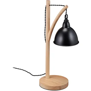 Relaxdays Tischlampe, hängender Metallschirm, Holz, E14, HBT 52 x 18 x 26 cm, Industrial Style, Nachttischlampe, schwarz