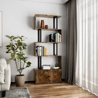 MODERION Regal, Wandregal,Bücherregal mit Unterschrank, Leiterregal,für Wohnzimmer, Büro, Schlafzimmer, Küche, S-förmiges Design,(174.5 x 70x25 cm) (Braun)