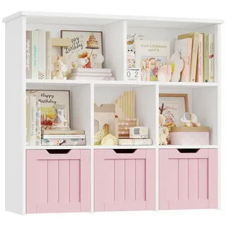 Homfa Kinderregal mit 3 Spielzeugkisten auf Rollen, Spielzeugregal mit 5 offenen Fächern Spielzeugtruhe 100x89.5x33cm weiß rosa