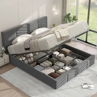 Merax Hydraulisches Boxspringbett 140x200cm mit Bettkasten, Polsterbett mit höhenverstellbarem Kopfteil und Lattenrost, Samt Doppelbett Funktionsbett - Grau