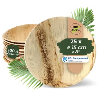 BIOZOYG 25 Stück Einwegteller Ø 15cm Palmblatt-Teller, rund, biologisch abbaubar, umweltfreundlich, kompostierbar, wiederverwertbar, Wegwerfteller