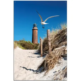 Wallario Outdoor-Poster für Garten oder Balkon Möwe am Strand mit Leuchtturm, Motivbanner Größe: ca. 60 x 90 cm, Outdoor-Bild
