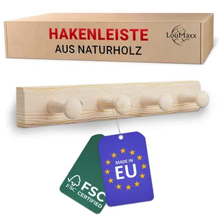 LouMaxx Garderobenleiste Holz aus Kiefer mit 4 Holzhaken – Hakenleiste Holz für Kinderzimmer – Garderobenleiste Kinder – unbehandelt, FSC zertifiziert, Made in EU
