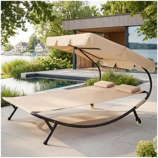 tectake Sonnenliege, Doppelliege, Outdoor Liege für 2 Personen, Gartenliege mit Sonnendach, Relaxliege, Sonnenliege mit Dach, inkl. 2 Kissen, ideal für Garten oder Balkon - schwarz/beige