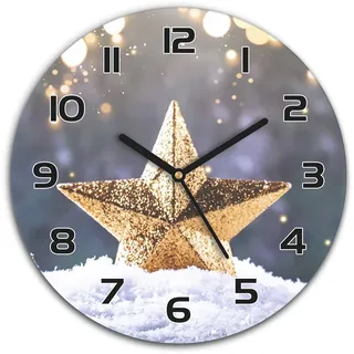 Coloray Weihnachten Wanduhr ⌀ 30 cm Runde Wandkunst Bild Glas Uhr Gehärtetem Glas Küche Wohnzimmer - Schwarze Uhrzeiger - Echtglas - Weihnachts Stern Kugeln Schnee