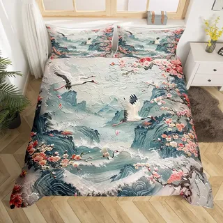 Homewish Kranich Vogel Bettbezug 135x200 Berg Kirschblüte Bettwäsche Set Ölgemälde Japanische Thema Tröster Abdeckung für Kinder Mädchen Erwachsene Frauen,Ukiyoe Stil Bettbezug Zimmer Dekor