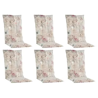 Home4You Gartenstuhlauflagen Hochlehner 6er Set - 120 x 50 cm - Beige - Baumwolle - Polyester - Schmetterlingsmotiv - Sesselauflage Sitzpolster Stuhlauflage