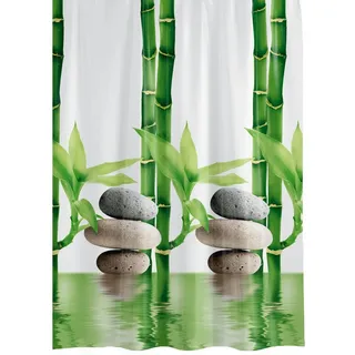 Ekershop Duschvorhang Textil "Bambus mit Stein" Grün Weiß für Duschstange Breite 120 cm, Höhe 200 cm, wasserabweisend, inkl. Ringe, waschbar, bügelbar grün|weiß 120 cm x 200 cm