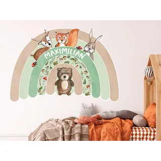 GRAZDesign Wandtattoo Regenbogen Kinderzimmer mit Namen personalisiert, Wandsticker Babyzimmer Kinder Aufkleber, Tiere Waldtiere für Jungen und Mädchen - 84x57cm
