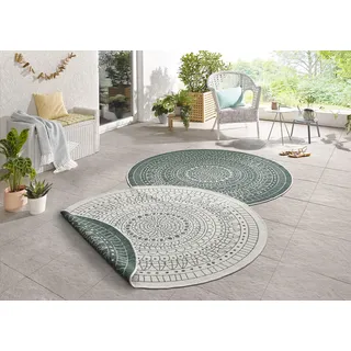 HANSE HOME Northrugs Porto In- Outdoor Teppich Rund – Runder Wendeteppich Wasserfest Mandala Design Flachgewebe Teppich Wetterfest Balkon, Garten, Wohnzimmer in Grün Creme, ⌀140cm