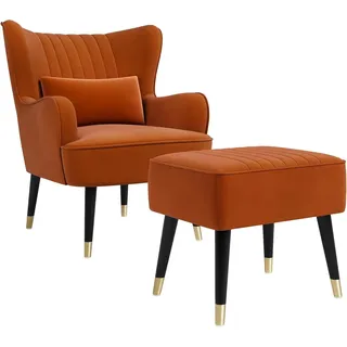 Vesgantti Samt Sessel, Moderne Relaxsessel mit Holzbein, Loungesessel mit Armlehnen, Ohrensessel für Wohnzimmer Schlafzimmer (Orange, Mit Fußhocker)