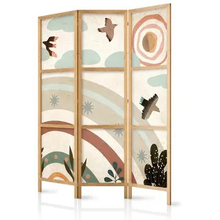 Muralo Japanischer PARAVENT 3-teilig Raumteiler klappbar PREMIUM-Vliesleinwand REGENBOGEN VÖGEL für Kinderzimmer 135cmx172cm - Beige/Braun/Schwarz/Blau/Grün/Orange