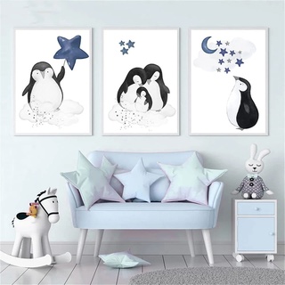 CULASIGN 3er Set Blau Pinguin Panda mit Star Poster, DIN A4 ohne Rahmen Kinderzimmer Babyzimmer Deko Bilder Kinderzimmer Mädchen und Jungen (B)