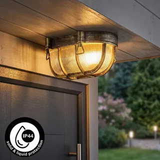 Otranto Außendeckenlampe aus Metall/Riffelglas in Schwarz/Gold/Klar - Schwarz/Gold