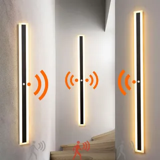 TZSMUM LED Lange Wandleuchte mit Bewegungsmelder Außen Innen IP65 Wasserdicht Außenwandleuchte Modern Wandlampe Acryl Außenlampe Schwarz Gärten Korridor Terrassenbeleuchtung (Warmes Licht,120CM)