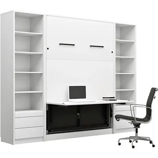 QMM Schrankbett Wandklappbett vertikal GN 140x200 mit integriertem Schreibtisch und 2 Regalen weiß, Eiche Schlafzimmer Set Farbauswahl (Weiß)