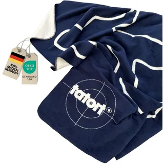 KOLTER Kuscheldecke ARD Tatort aus Baumwollmischgewebe | Geschenk für Krimi Fans | Wohndecke Nachhaltig und Strapazierfähig | Zertifiziert nach Oeko-TEX 100 | Blau | 150x200cm