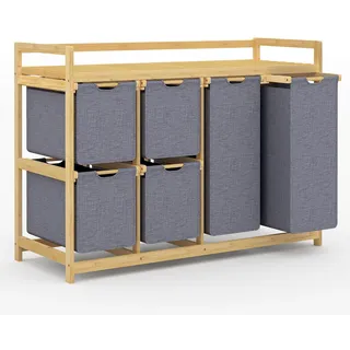 efluky 200L Wäschekorb 6 Fächer, Große Wäschesammler mit Korb Wäschesortierer mit 2 Wäschesäcken und 4 Stoffboxen, Laundry Basket Wäschebox Bambus Wäscheregal für Badezimmer, Schlafzimmer, Grau