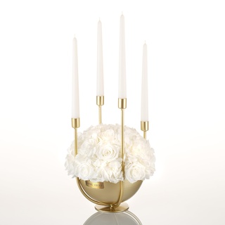 EMMIE GRAY CANDLE INFINITY BOWL | PURE WHITE | L - Infinity Blumen in hochwertiger Eisenschale in goldener Veredelung, vier Kerzenhalter samt Stabkerzen - Moderner Adventskranz (Pure White)