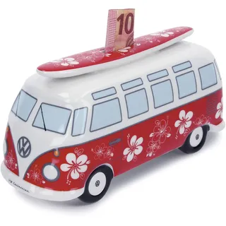 BRISA VW Collection - Volkswagen Spar-Büchse-Schwein-Dose mit Surfbrett im T1 Bulli Bus Samba Design (Flower Power/Rot)