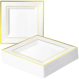 MATANA 100 Weiße Dessertteller aus Plastik mit Goldrand (Eckig, 16,5cm) - Mehrweg Kunststoffteller, Partyteller für Hochzeiten, Geburtstage, Partys - Elegantes & Stabiles Partygeschirr